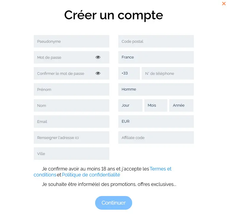 Processus d'inscription Play2Win Casino